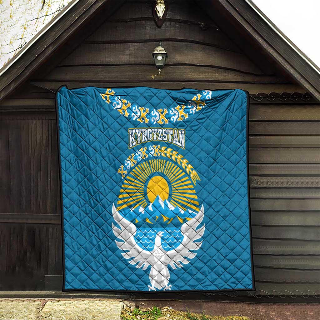 Kyrgyzstan Mountain Sunrise Quilt with Blue with Eagle, Sun, and National Flag Design