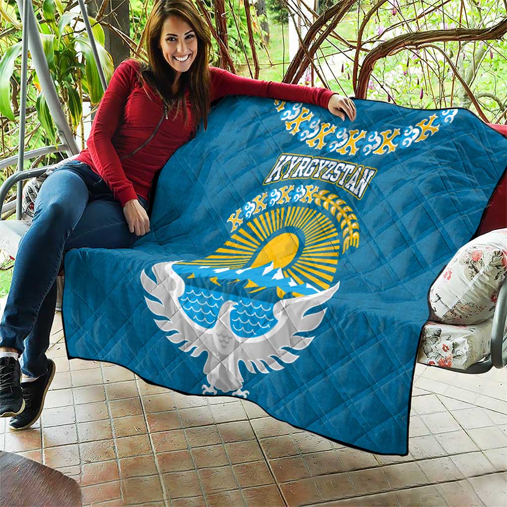 Kyrgyzstan Mountain Sunrise Quilt with Blue with Eagle, Sun, and National Flag Design