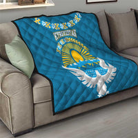 Kyrgyzstan Mountain Sunrise Quilt with Blue with Eagle, Sun, and National Flag Design