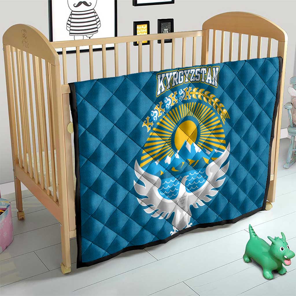 Kyrgyzstan Mountain Sunrise Quilt with Blue with Eagle, Sun, and National Flag Design