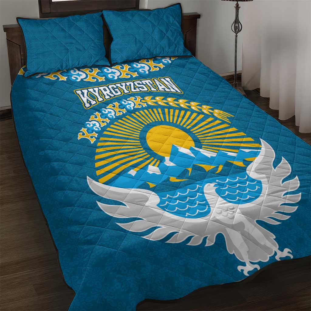 Kyrgyzstan Mountain Sunrise Quilt Bed Set with Blue with Eagle, Sun, and National Flag Design