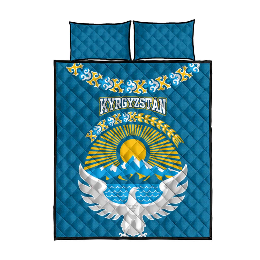 Kyrgyzstan Mountain Sunrise Quilt Bed Set with Blue with Eagle, Sun, and National Flag Design