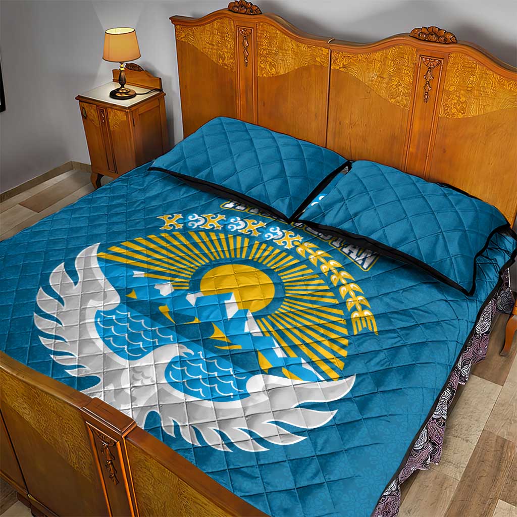 Kyrgyzstan Mountain Sunrise Quilt Bed Set with Blue with Eagle, Sun, and National Flag Design