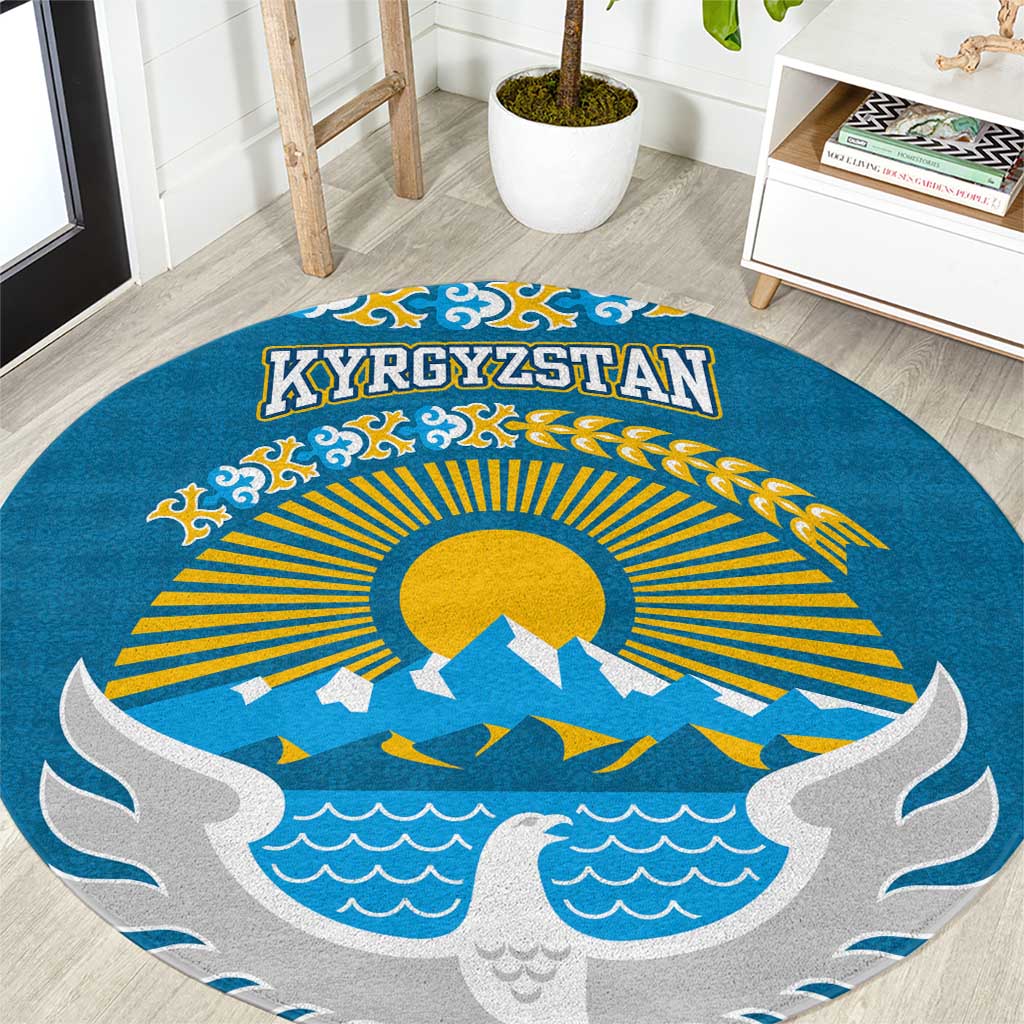 Kyrgyzstan Mountain Sunrise Round Carpet with Blue with Eagle, Sun, and National Flag Design