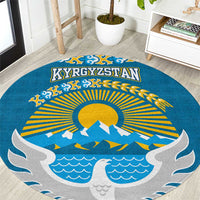 Kyrgyzstan Mountain Sunrise Round Carpet with Blue with Eagle, Sun, and National Flag Design