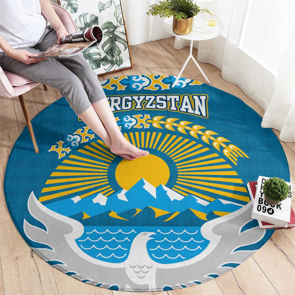 Kyrgyzstan Mountain Sunrise Round Carpet with Blue with Eagle, Sun, and National Flag Design