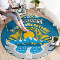 Kyrgyzstan Mountain Sunrise Round Carpet with Blue with Eagle, Sun, and National Flag Design