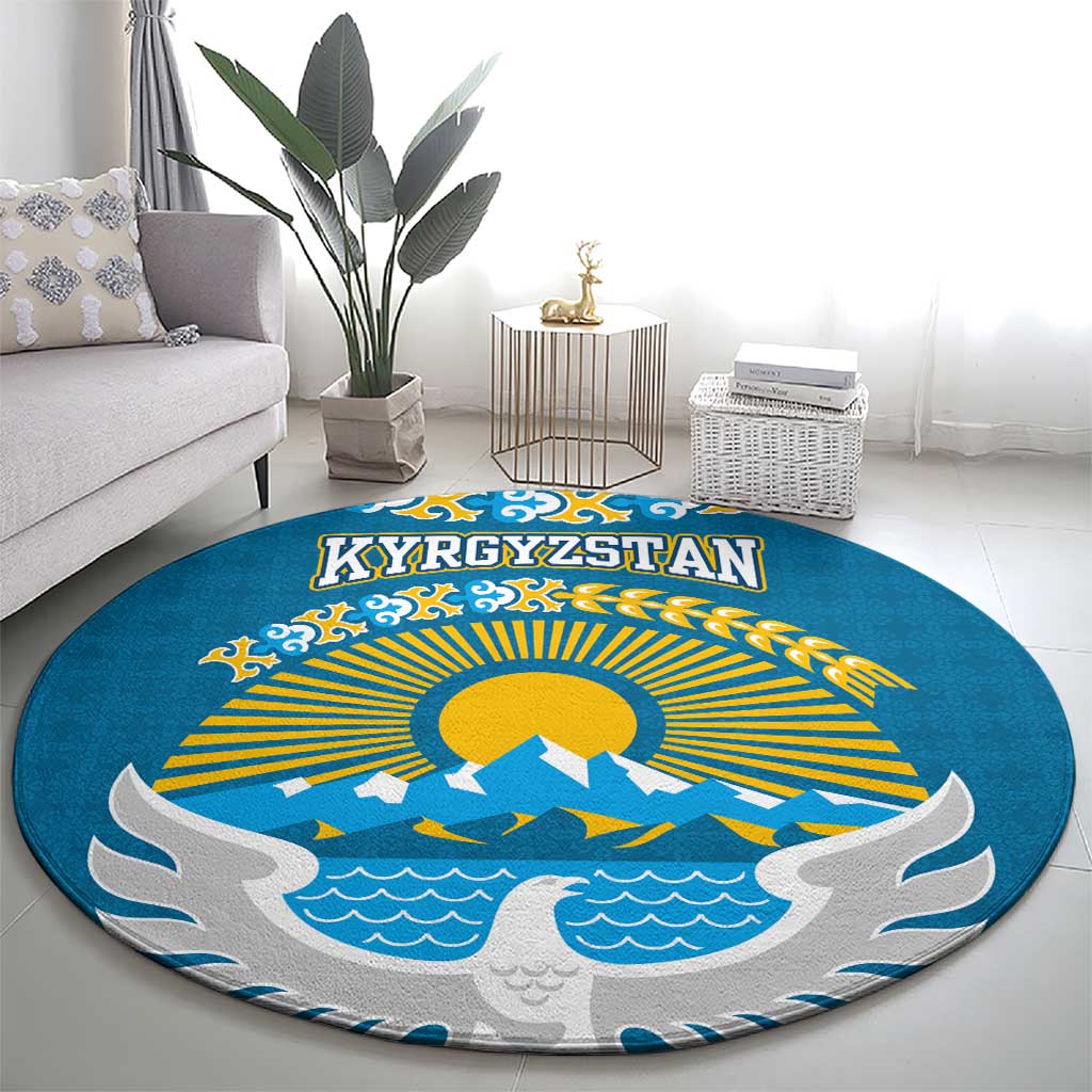 Kyrgyzstan Mountain Sunrise Round Carpet with Blue with Eagle, Sun, and National Flag Design