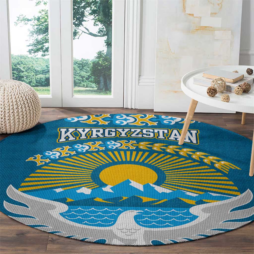 Kyrgyzstan Mountain Sunrise Round Carpet with Blue with Eagle, Sun, and National Flag Design