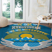 Kyrgyzstan Mountain Sunrise Round Carpet with Blue with Eagle, Sun, and National Flag Design