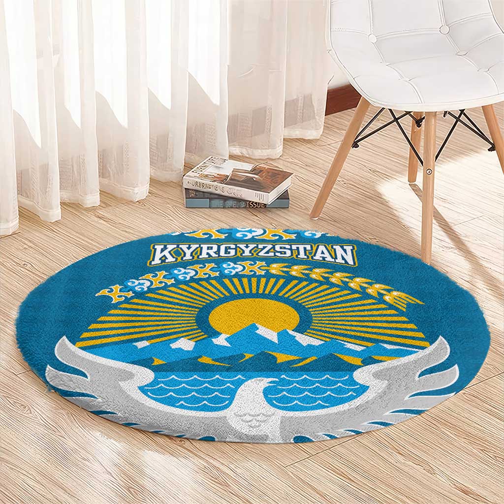 Kyrgyzstan Mountain Sunrise Round Carpet with Blue with Eagle, Sun, and National Flag Design
