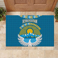 Kyrgyzstan Mountain Sunrise Rubber Doormat with Blue with Eagle, Sun, and National Flag Design
