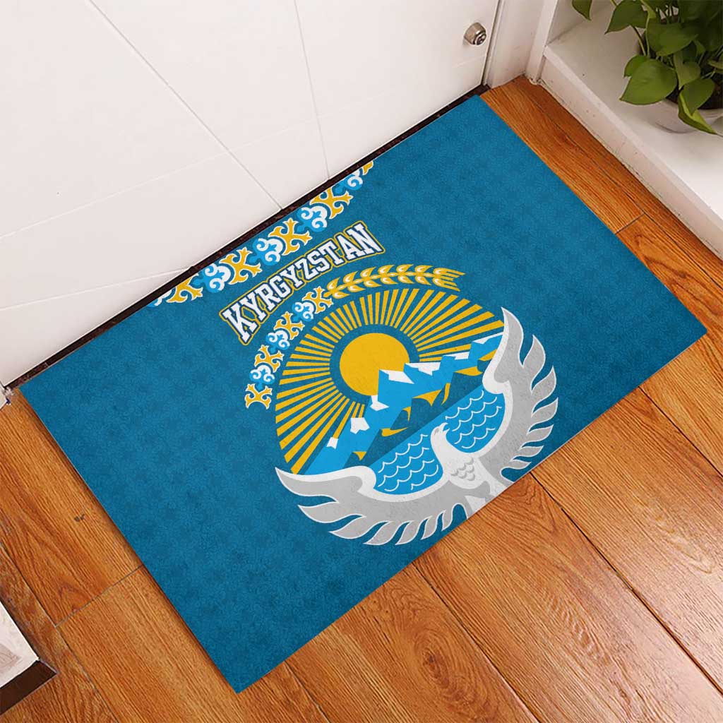 Kyrgyzstan Mountain Sunrise Rubber Doormat with Blue with Eagle, Sun, and National Flag Design