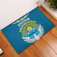 Kyrgyzstan Mountain Sunrise Rubber Doormat with Blue with Eagle, Sun, and National Flag Design