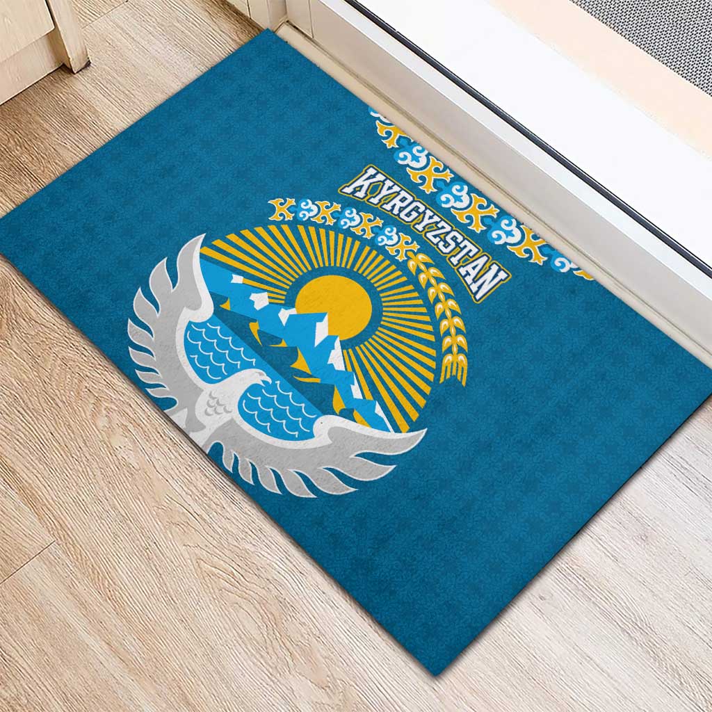 Kyrgyzstan Mountain Sunrise Rubber Doormat with Blue with Eagle, Sun, and National Flag Design