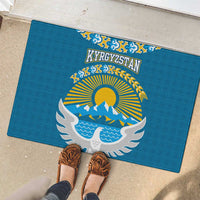 Kyrgyzstan Mountain Sunrise Rubber Doormat with Blue with Eagle, Sun, and National Flag Design