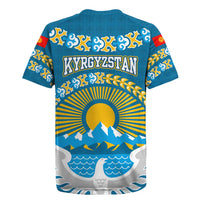 Kyrgyzstan Mountain Sunrise Rugby Jersey with Blue with Eagle, Sun, and National Flag Design