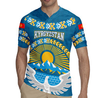 Kyrgyzstan Mountain Sunrise Rugby Jersey with Blue with Eagle, Sun, and National Flag Design