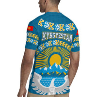 Kyrgyzstan Mountain Sunrise Rugby Jersey with Blue with Eagle, Sun, and National Flag Design