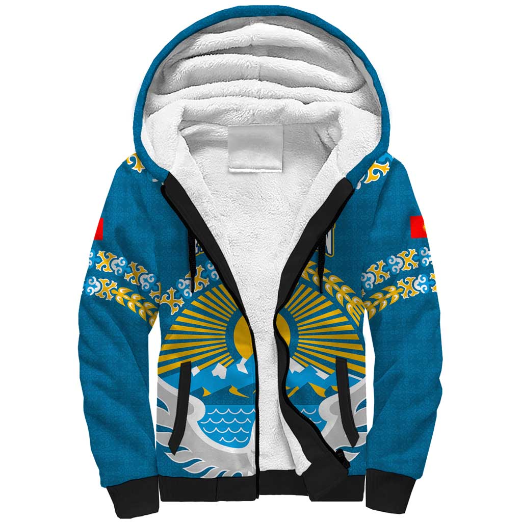 Kyrgyzstan Mountain Sunrise Sherpa Hoodie with Blue with Eagle, Sun, and National Flag Design