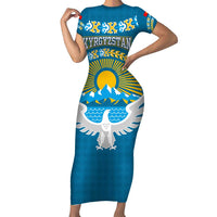Kyrgyzstan Mountain Sunrise Short Sleeve Bodycon Dress with Blue with Eagle, Sun, and National Flag Design