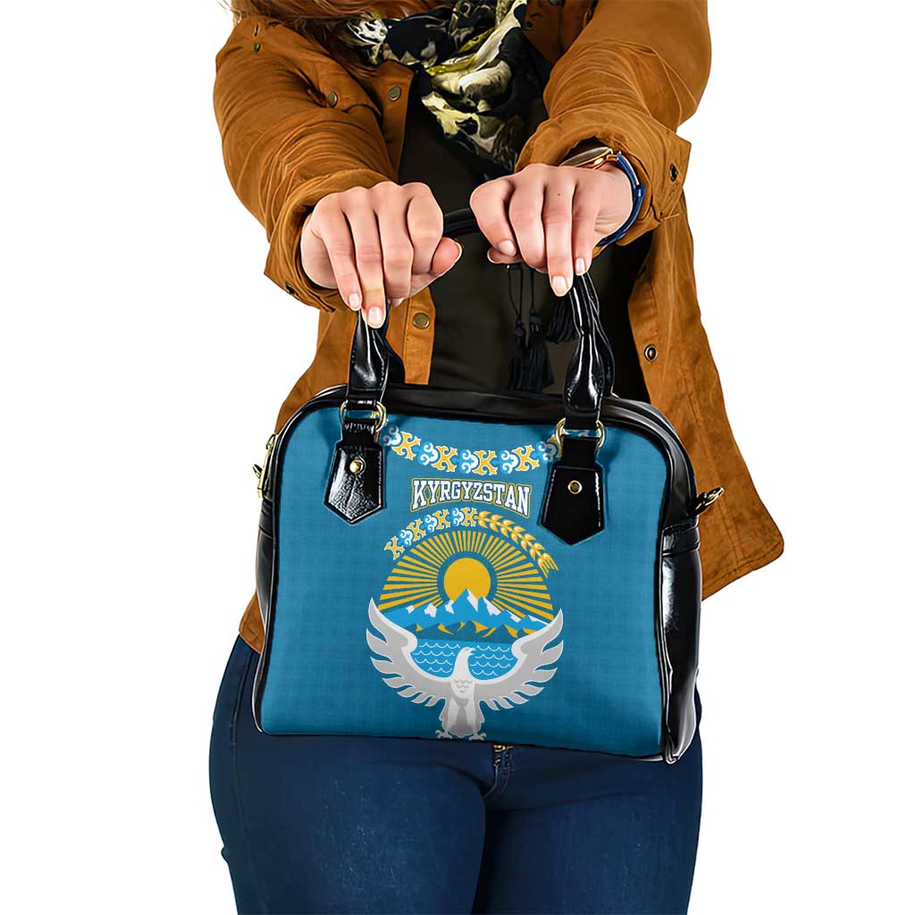Kyrgyzstan Mountain Sunrise Shoulder Handbag with Blue with Eagle, Sun, and National Flag Design
