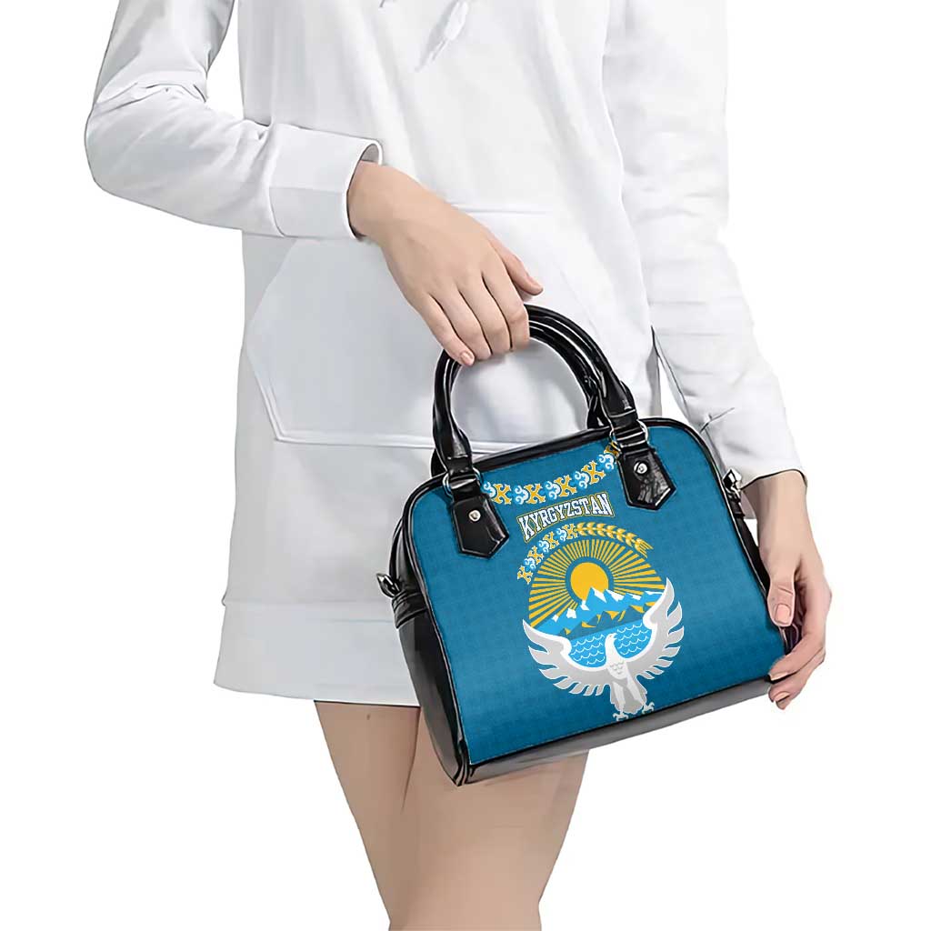 Kyrgyzstan Mountain Sunrise Shoulder Handbag with Blue with Eagle, Sun, and National Flag Design