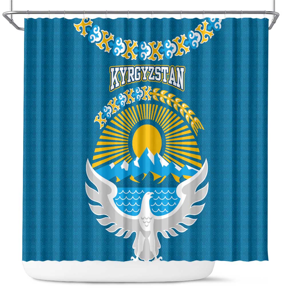 Kyrgyzstan Mountain Sunrise Shower Curtain with Blue with Eagle, Sun, and National Flag Design
