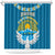 Kyrgyzstan Mountain Sunrise Shower Curtain with Blue with Eagle, Sun, and National Flag Design