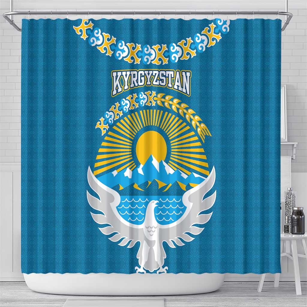 Kyrgyzstan Mountain Sunrise Shower Curtain with Blue with Eagle, Sun, and National Flag Design