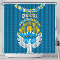Kyrgyzstan Mountain Sunrise Shower Curtain with Blue with Eagle, Sun, and National Flag Design
