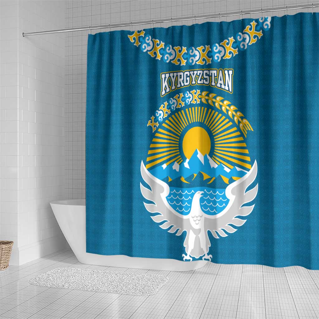 Kyrgyzstan Mountain Sunrise Shower Curtain with Blue with Eagle, Sun, and National Flag Design