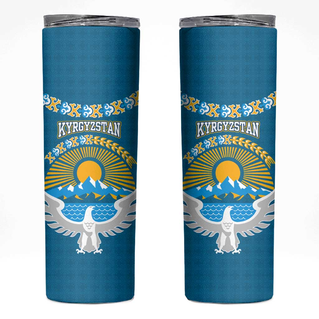 Kyrgyzstan Mountain Sunrise Skinny Tumbler with Blue with Eagle, Sun, and National Flag Design