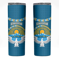 Kyrgyzstan Mountain Sunrise Skinny Tumbler with Blue with Eagle, Sun, and National Flag Design