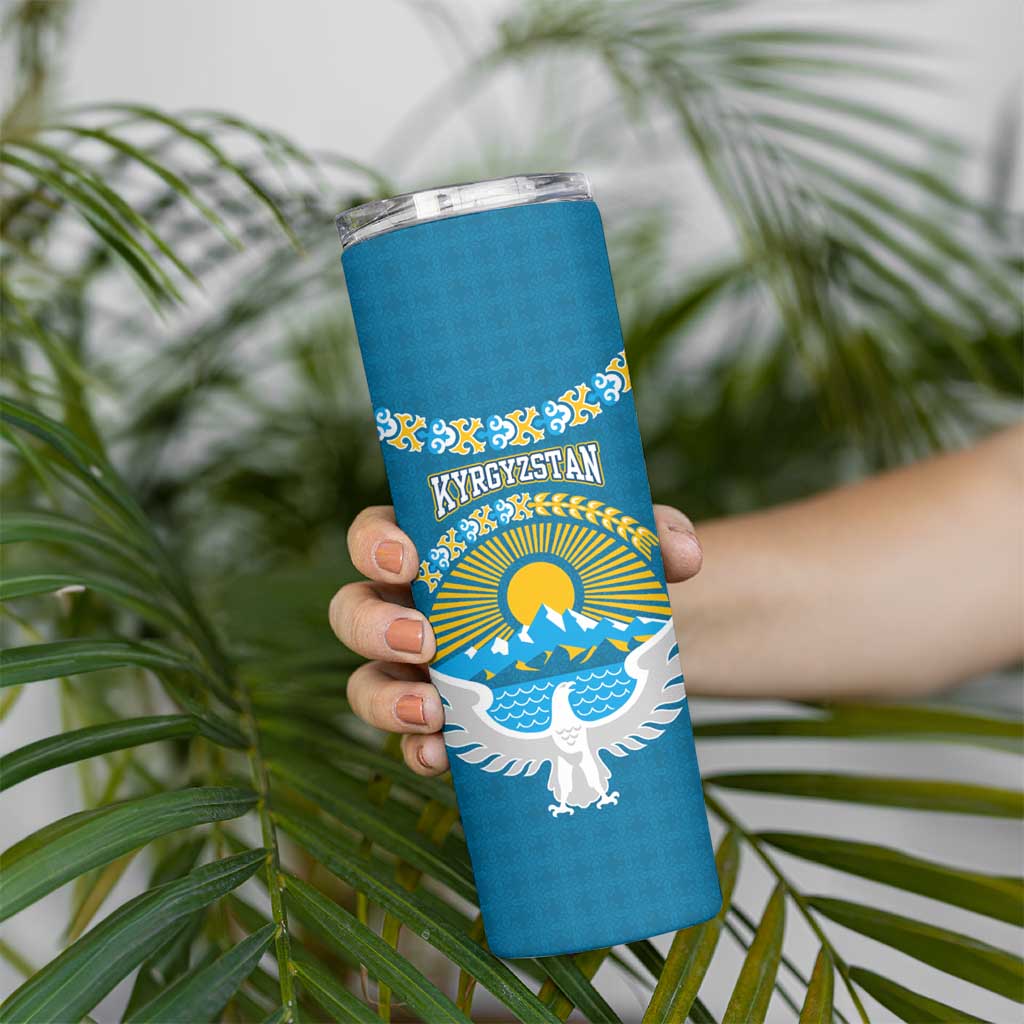 Kyrgyzstan Mountain Sunrise Skinny Tumbler with Blue with Eagle, Sun, and National Flag Design