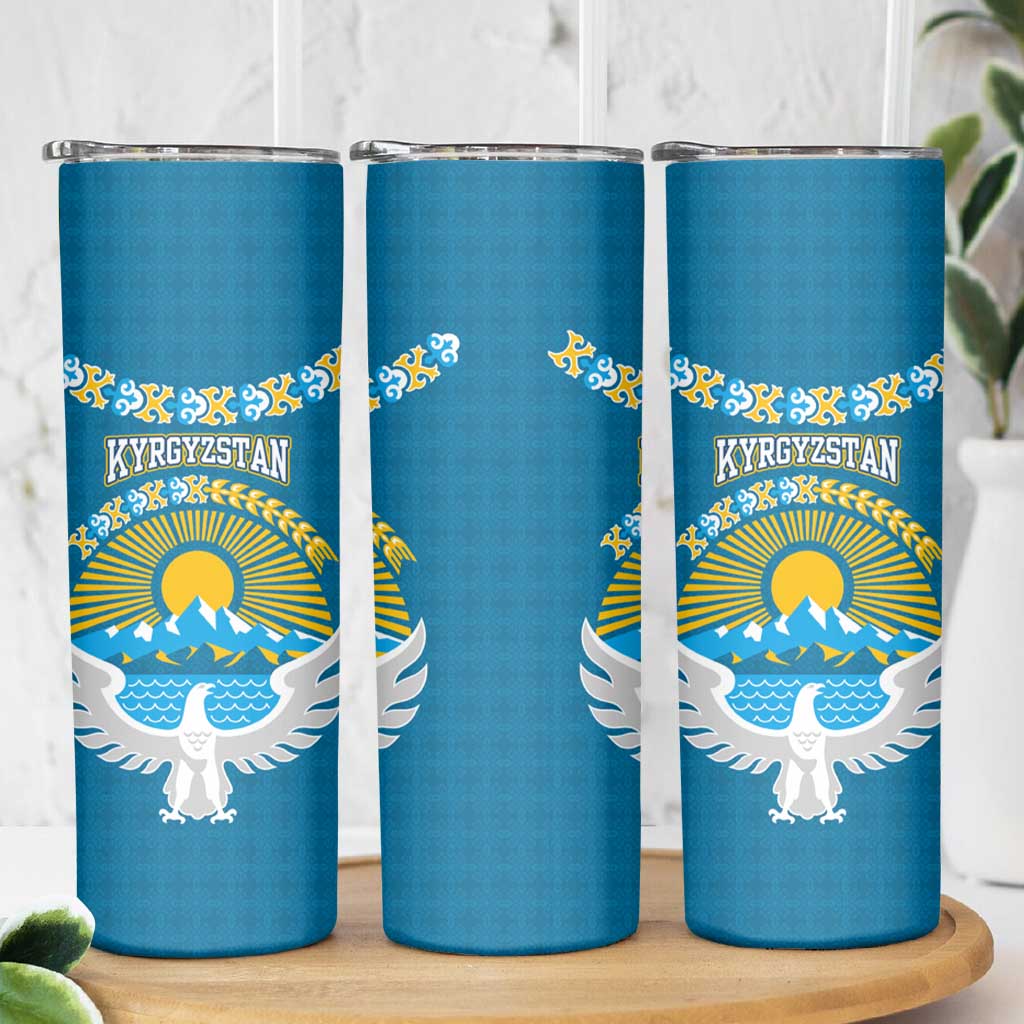 Kyrgyzstan Mountain Sunrise Skinny Tumbler with Blue with Eagle, Sun, and National Flag Design