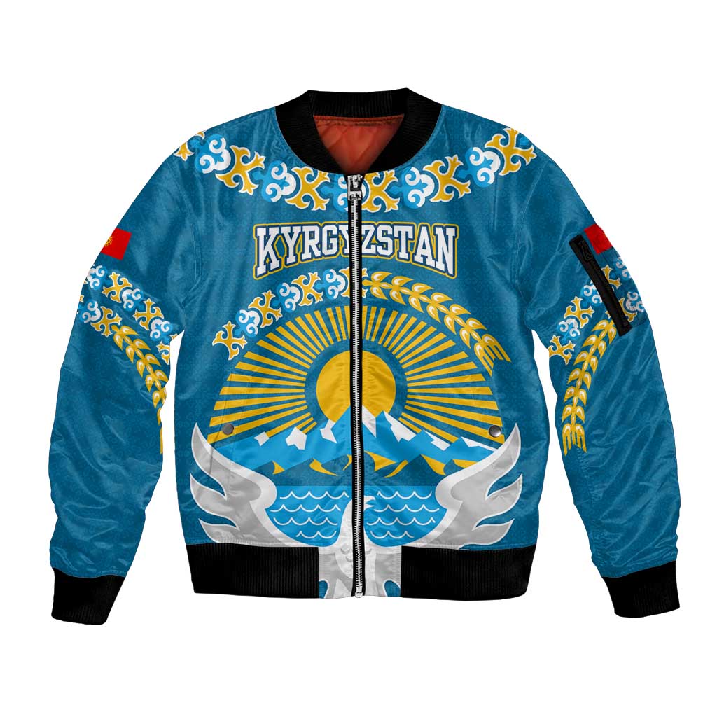 Kyrgyzstan Mountain Sunrise Sleeve Zip Bomber Jacket with Blue with Eagle, Sun, and National Flag Design