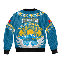 Kyrgyzstan Mountain Sunrise Sleeve Zip Bomber Jacket with Blue with Eagle, Sun, and National Flag Design