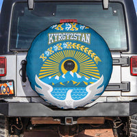 Kyrgyzstan Mountain Sunrise Spare Tire Cover with Blue with Eagle, Sun, and National Flag Design