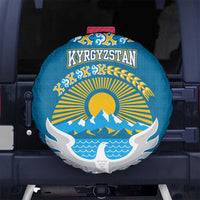 Kyrgyzstan Mountain Sunrise Spare Tire Cover with Blue with Eagle, Sun, and National Flag Design