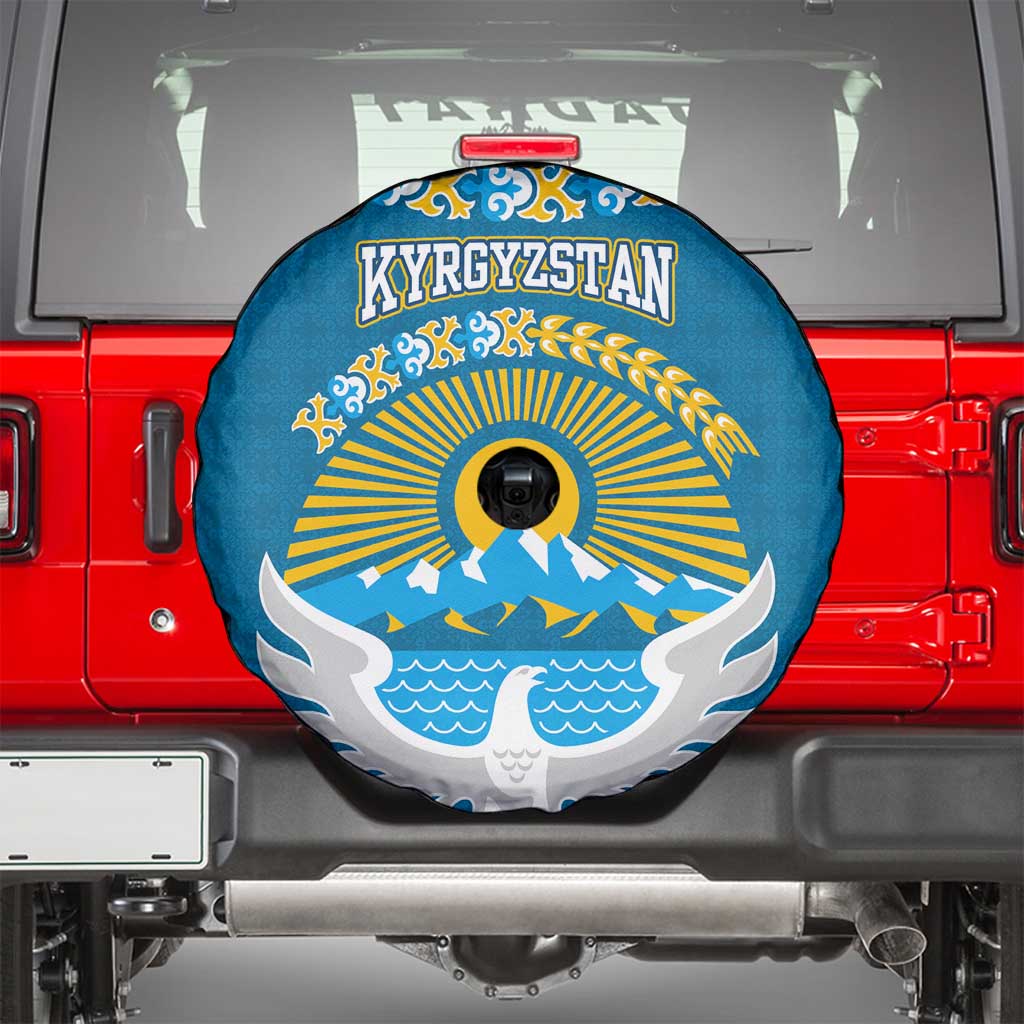 Kyrgyzstan Mountain Sunrise Spare Tire Cover with Blue with Eagle, Sun, and National Flag Design
