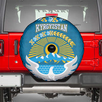Kyrgyzstan Mountain Sunrise Spare Tire Cover with Blue with Eagle, Sun, and National Flag Design