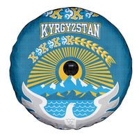 Kyrgyzstan Mountain Sunrise Spare Tire Cover with Blue with Eagle, Sun, and National Flag Design