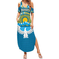 Kyrgyzstan Mountain Sunrise Summer Maxi Dress with Blue with Eagle, Sun, and National Flag Design