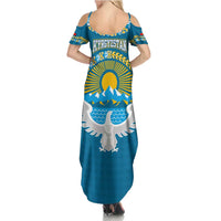 Kyrgyzstan Mountain Sunrise Summer Maxi Dress with Blue with Eagle, Sun, and National Flag Design