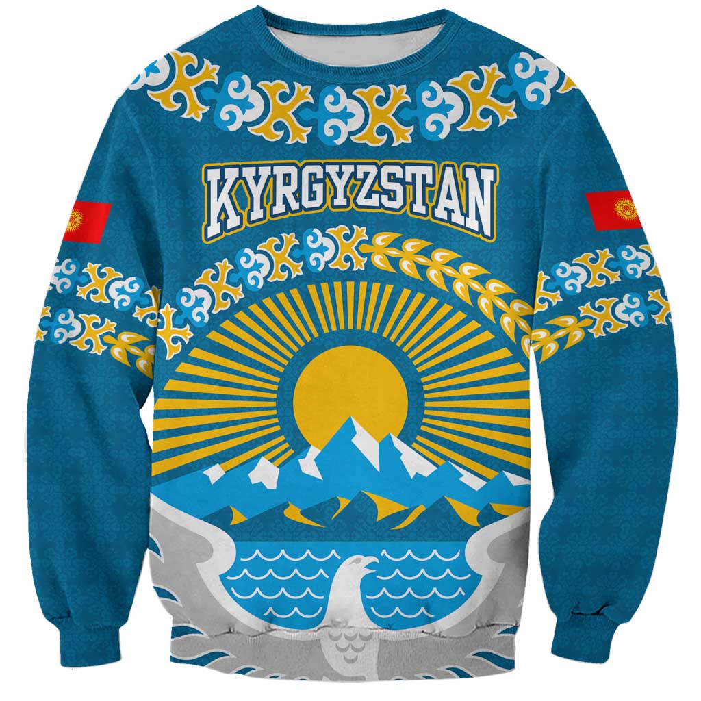 Kyrgyzstan Mountain Sunrise Sweatshirt with Blue with Eagle, Sun, and National Flag Design