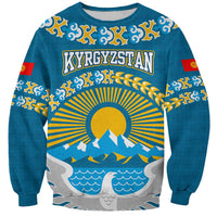 Kyrgyzstan Mountain Sunrise Sweatshirt with Blue with Eagle, Sun, and National Flag Design