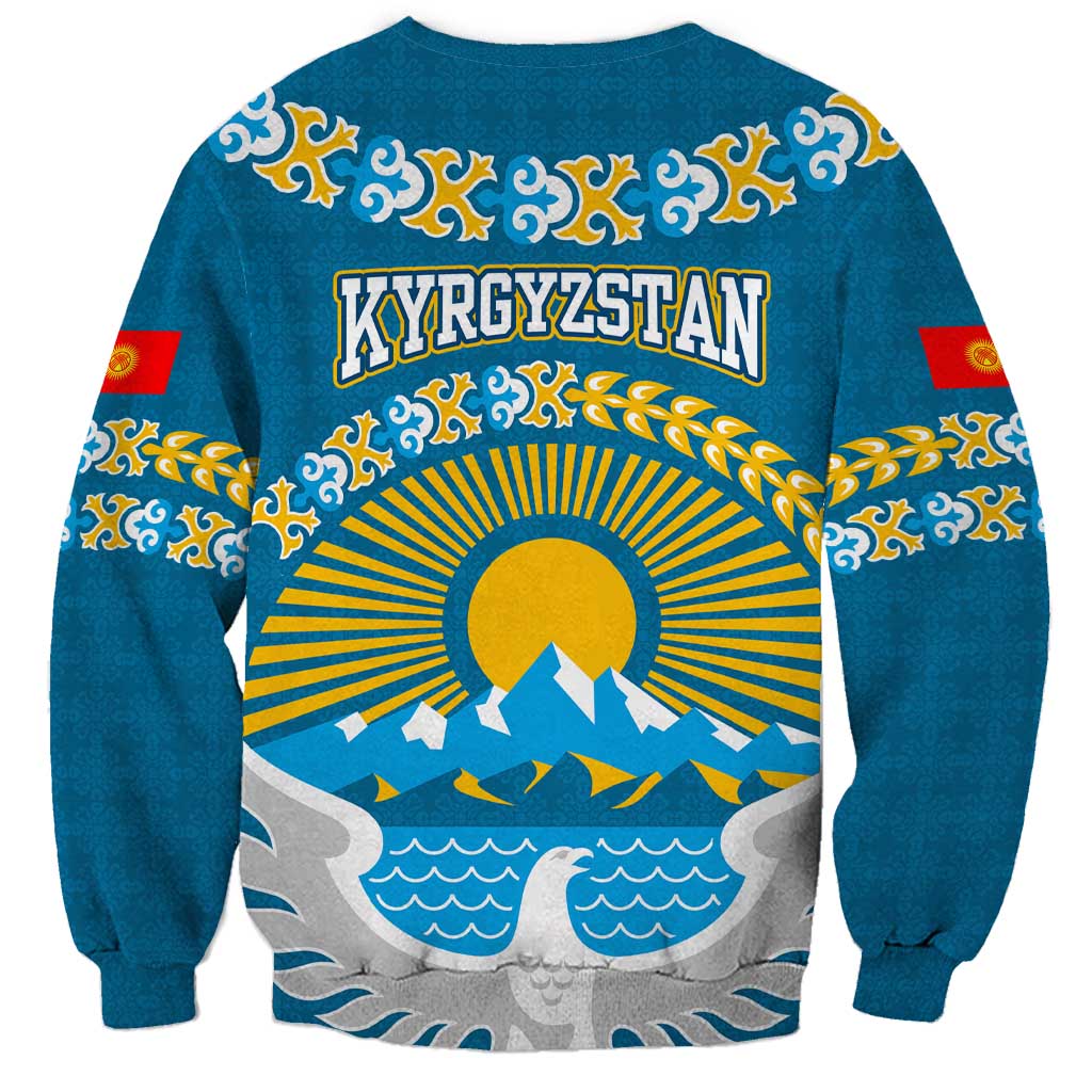 Kyrgyzstan Mountain Sunrise Sweatshirt with Blue with Eagle, Sun, and National Flag Design