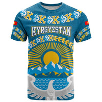 Kyrgyzstan Mountain Sunrise T Shirt with Blue with Eagle, Sun, and National Flag Design