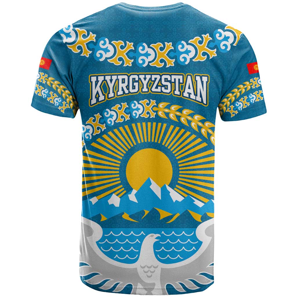 Kyrgyzstan Mountain Sunrise T Shirt with Blue with Eagle, Sun, and National Flag Design